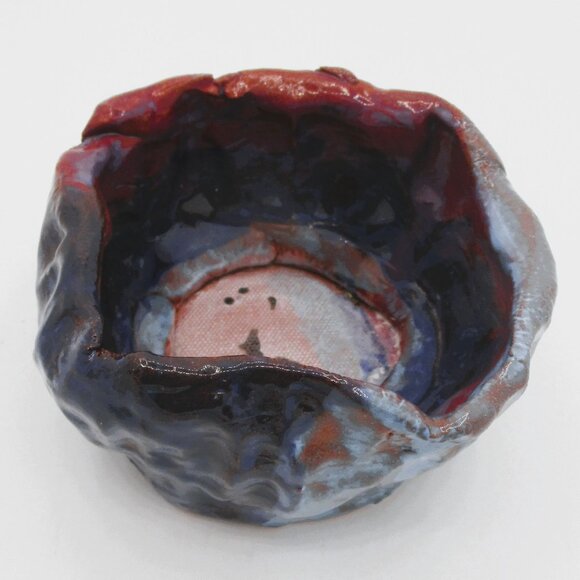 Handmade Abstract Wolf Pottery Bowl Blue & Brown Glaze Signed - Picture 1 of 5